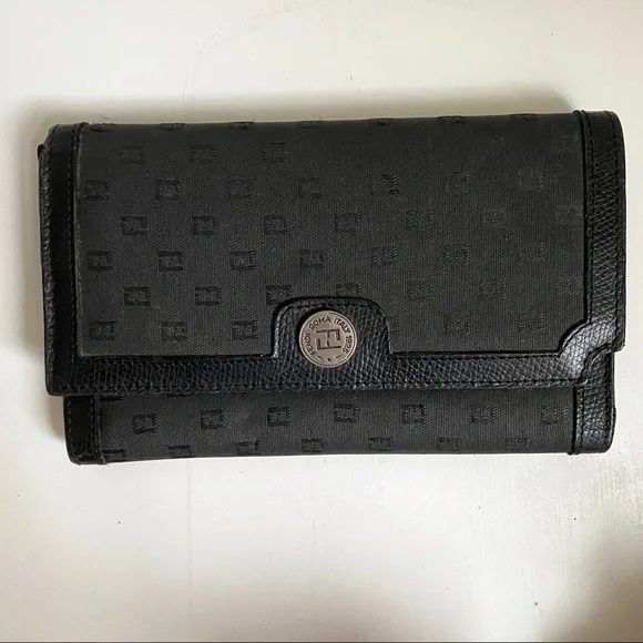 Vintage 70s Fendi Logo Print Fabric Wallet Black - Picture 2 of 8